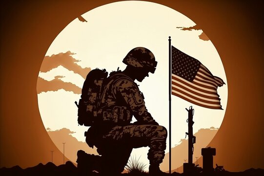 american soldier kneeling in front of the US flag and the moon - generative ai