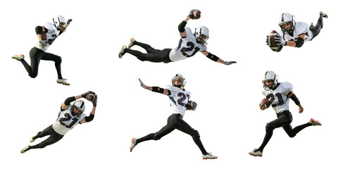 Collage. Portrait of professional american footbal player in motion and action over white background. Concept of active life, team game, energy, sport, competition. © Lustre Art Group 