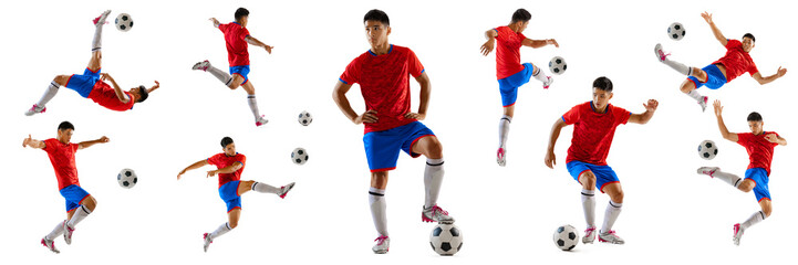 Collage, photo set. Portraits of professional asian football player in motion and action isolated over white background. Concept of sport, active and healthy lifestyle, team game.