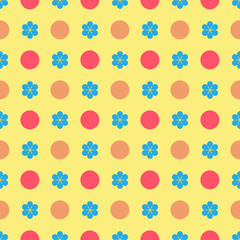 Colorful polka and flowers on yellow seamless