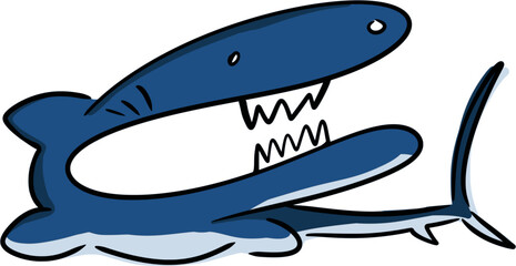 Vector drawing of a very cartoon blue shark. Her mouth is too wide and it teeth are too few. It funny, weird, silly, ridiculous, bizarre. On a white background, isolated. In cartoon style, doodle.