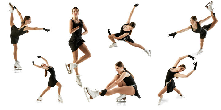 Set of icons, images of young teen girl, junior female figure skater in black stage costume skating isolated over white background. Concept of skills, sport, beauty, winter sports.