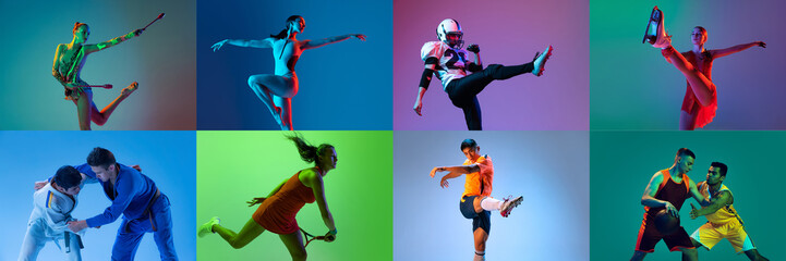 Collage. Portraits of professional sportsmen training, posing isolated over multicolored background...