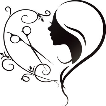 Girl face silhouette and heart pattern with stylist scissors. Design for beauty salon and hair stylist