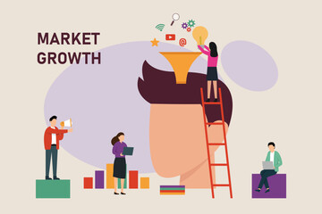 Fototapeta premium Teamwork works on Market growth ideas 2d vector illustration concept for banner, website, illustration, landing page, flyer, etc