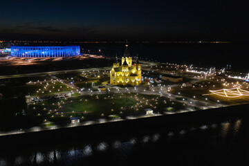 Fototapeta na wymiar Nizhny Novgorod at night. Cathedral of the Holy Prince Alexander Nevsky. Aerial view.