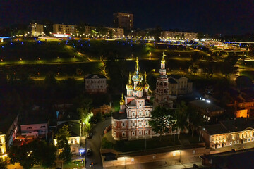 Nizhny Novgorod at night. Christmas Church. Aerial view.