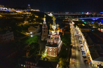 Nizhny Novgorod at night. Christmas Church. Aerial view.