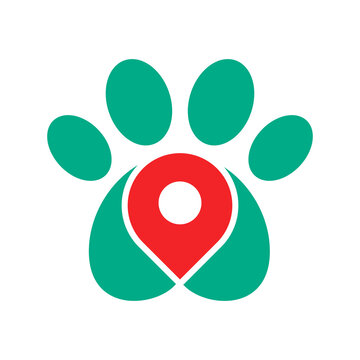 Dog or cat paw with a map pin symbol. Pet shop location icon. Pet friendly place. Veterinary clinic pinpoint. GPS locator sign. Travel destination with pet allowed. Vector illustration, flat, clip art