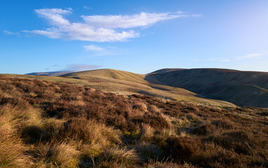 Views of Windy Rig on the left and Windy Gyle centre right from below Mozie Law on a sunny winters morning in the Northumberland Cheviot mountains at sunrise, UK.
