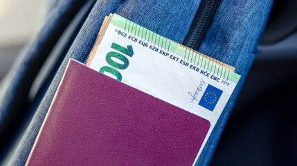 passports euro bills banknotes one hundred fifty in travel backpack or car seat red paper heart...