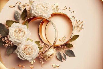 Golden wedding rings with flowers on red background for invitation design. Romantic marriage ceremony symbol with beautiful florals.