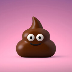 Cute smiling poo emoji character with big eyes on a pink and purple background, generative ai.