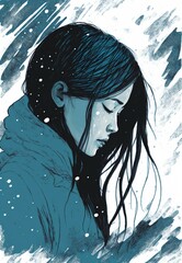 illustration, sad woman, depression concept, AI generated image