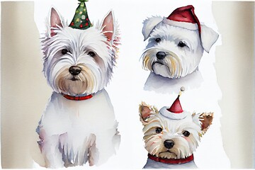 White terrier dog with Christmas hat composite illustration