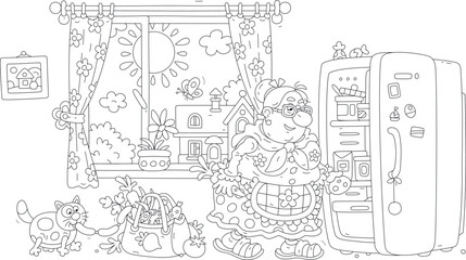 Obraz premium Funny chubby housewife and her merry cat putting fresh vegetables and sausages from a shopping bag into a fridge in a kitchen, black and white outline vector cartoon for a coloring book