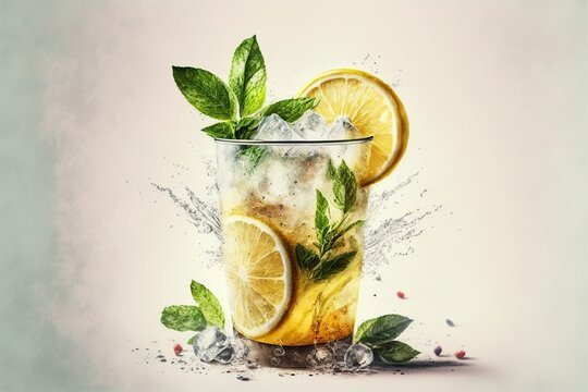 illustration, glass of delicious and fresh lemonade with ice,image generated by AI