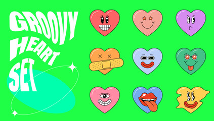 Retro groovy comic style lovely heart shapes. Psychedelic hippie crazy love character collection concept. Vintage hippy various emoji valentines day sticker pack. Emoticon mascots abstract y2k eps set