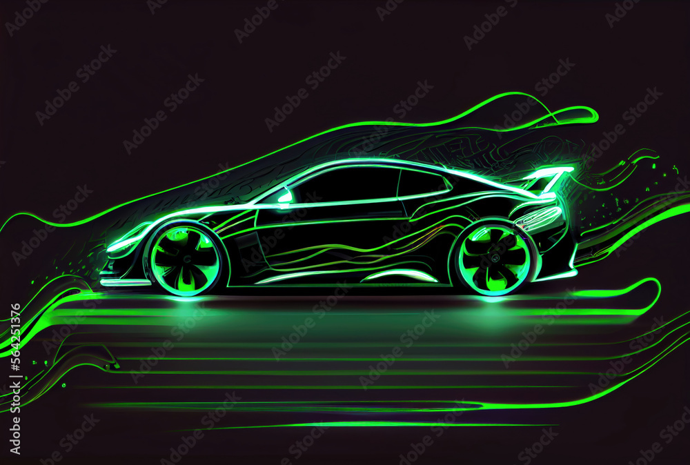 Wall mural Modern car with green light trail as speed and energy power on black dark background. Transportation and innovation concept. Generative AI