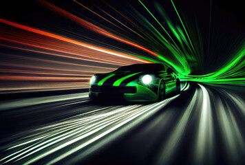 Car speed with blurry light trail in the dark background. Transportation and Technology concept. Generative AI