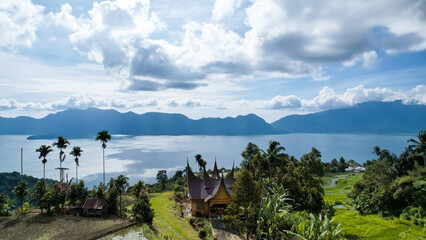 Aerial view of panorama of Maninjau Lake West Sumatra, Danau maninjau. sumatra, Indonesia