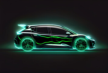 Modern car with green light trail as speed and energy power on black dark background. Transportation and innovation concept. Generative AI