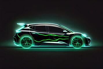 Obraz premium Modern car with green light trail as speed and energy power on black dark background. Transportation and innovation concept. Generative AI