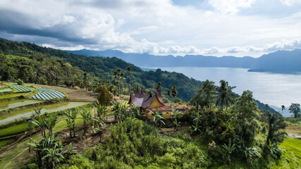 Fototapeta na wymiar Aerial view of panorama of Maninjau Lake West Sumatra, Danau maninjau. sumatra, Indonesia