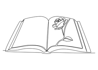 One continuous line of opened Book with Rose. Thin Line Illustration vector concept. Contour Drawing Creative ideas.