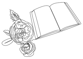 One continuous line of opened Book with Rose. Thin Line Illustration vector concept. Contour Drawing Creative ideas.