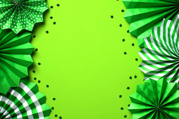 Frame borders of green paper fans and confetti. St Patrick's Day banner design, flyer, greeting card template.