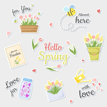 Spring collection of stickers with flowers. Vector illustration. Flat style.