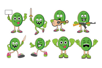 watermelon Fruit expression vector pack, Funny cartoon fruits face, and Summer fruit characters vector pack isolated on white.