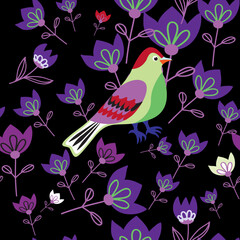 Seamless pattern with a bird and flowers.  Vector file for designs.