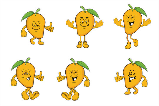 Mango Fruit expression vector pack, Funny cartoon fruits face, Summer fruit characters vector pack isolated on white.
