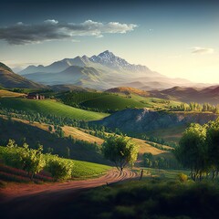 Obraz premium Sunset over the hills with vineyards