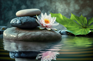 Lotus flower and zen stones on black background with reflection. Spa concept. Generative AI