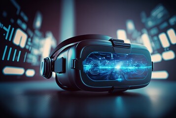 illustration of VR headset with cyber theme light glow and neon light trail, background with future cityscape on glasses interface Generative Ai	