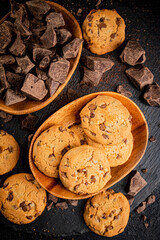 Wooden plate with cookies and pieces of milk chocolate. 