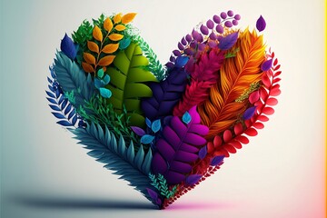 Rainbow color fantasy heart made of colorful leaves. Postproducted generative AI digital illustration.