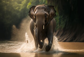 Kraftvoller Elefant läuft durch einen Fluss in Thailand. Das Wasser spritz hoch durch sein mächtiges Gewicht und Geschwindigkeit