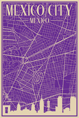Purple hand-drawn framed poster of the downtown MEXICO CITY, MEXICO with highlighted vintage city skyline and lettering