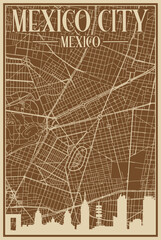 Brown hand-drawn framed poster of the downtown MEXICO CITY, MEXICO with highlighted vintage city skyline and lettering