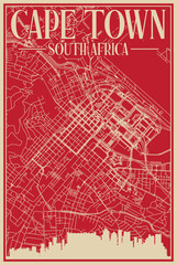 Red hand-drawn framed poster of the downtown CAPE TOWN, SOUTH AFRICA with highlighted vintage city skyline and lettering
