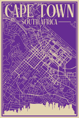 Purple hand-drawn framed poster of the downtown CAPE TOWN, SOUTH AFRICA with highlighted vintage city skyline and lettering