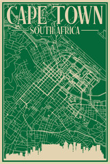 Green hand-drawn framed poster of the downtown CAPE TOWN, SOUTH AFRICA with highlighted vintage city skyline and lettering
