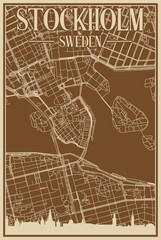Brown hand-drawn framed poster of the downtown STOCKHOLM, SWEDEN with highlighted vintage city skyline and lettering