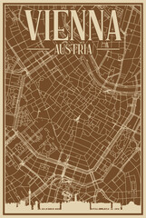 Brown hand-drawn framed poster of the downtown VIENNA, AUSTRIA with highlighted vintage city skyline and lettering