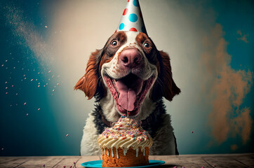 funny dog with party hat celebrating his birthday with a cake with candles, generative ai