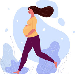 Beautiful pregnant woman is walking barefoot, hugging her big belly. Profile picture. Illustration....